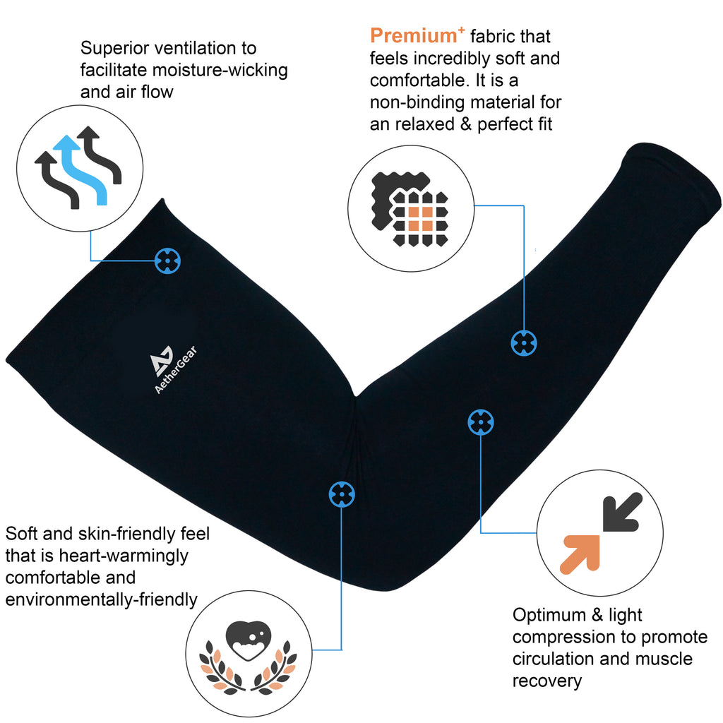 AetherGear Arm Sleeve Compression (1 Pair) Premium & Soft - Comfortable and Unrestrictive Sleeves for Volleyball, Baseball, Basketball, Gardening, Fishing, Cooling, UV Protection (Black) Men and Women